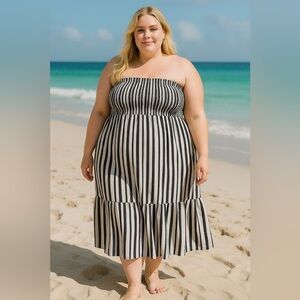 B2557- TS Convertible Smocked Skirt Dress Riviera Stripe Silver 3X (24W–2W) NWT